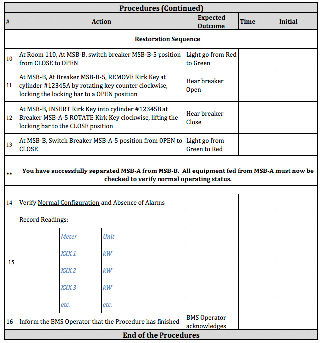 Figure 3. The procedures continue, with a final step to inform the BMS operator that the procedure has finished, indicating cross-team communication.