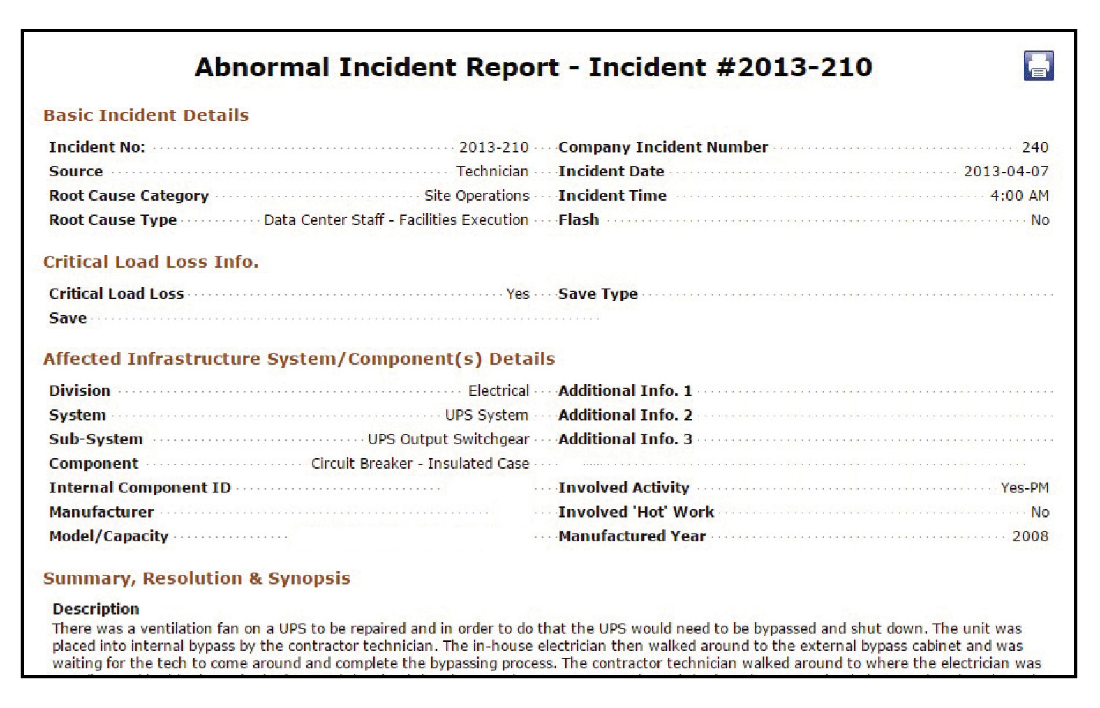 Figure 4. The overview page of the abnormal incident report selected for detailed analysis.
